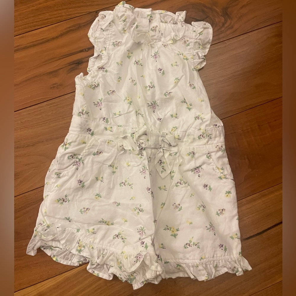 Janie and Jack white ruffle romper, purple flowers - 12-18 months